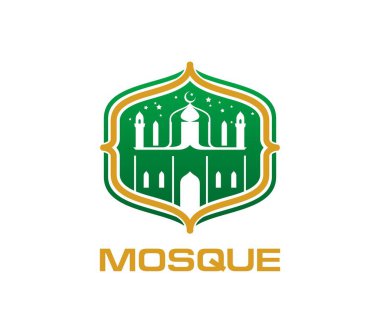 Üzerinde minareler, gece gökyüzünde yıldızlar ve hilal bulunan yeşil ve altın cami binalarının yer aldığı Ramazan Müslüman camisi ikonu. İslam kültürünü ve maneviyatını sembolize eden dini bir simge.