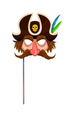Tricorn şapka kabin maskeli Karayip korsan suratı. Korsan kaptanı, Karayip korsan korsan vektör maskesi. Korsan bıyıklı, kafataslı, papağan tüyü takmış çocukların fotoğraf kabini aksesuarı.
