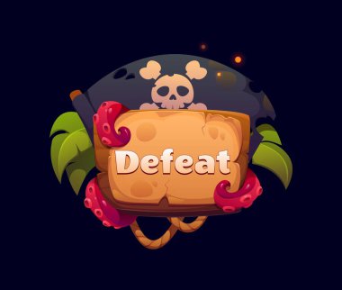 Korsan ve korsan oyun çerçeve ikonu varlık ahşap işaret, kafatası bayrağı, tropikal yapraklar ve ahtapot dokunaçları içerir. Pankart üzerinde çizgi film vektör oyunu, hata ekranı, macera hatası bildirimi