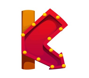 Çizgi film harfi K sirk yazı tipi, retro karnaval yazı tipi, eğlence tipi, İngiliz alfabesi. Oyuncu Oyuncu Klasik Marquee abc tipografi karakteri parlayan sarı ampulleri olan bir işaretçi ok olarak