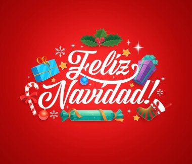 Mutlu Noeller, Mutlu Noeller. Renkli hediyeler, Holly, şeker kamışı, süsler, yıldızlar ve Xmas süslemeleriyle çevrili kırmızı arkaplanda beyaz bir yazı ya da bayram tebrik kartı.