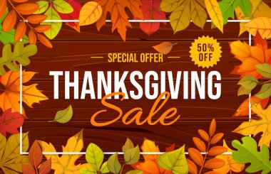 Thanksgiving holiday sale banner with autumn fall leaves frame, wooden background, white border and festive promoting special offer up to discount. Vector ads coupon for store, mall or market shopping