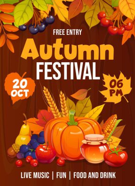 Autumn fall festival poster flyer with orange, red and yellow falling leaves, Thanksgiving harvest of fruits, vegetable and seasonal berries, pumpkin, honey and holiday typography on wooden background