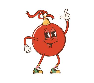 Retro groovy Christmas shiny red bauble character with expressive eyes, arms and legs in sneakers, striking a groovy dance pose with one hand pointing up and a cheerful smile. Cartoon vector Xmas ball