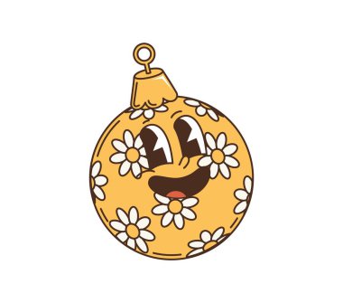 Cartoon groovy Christmas bauble character with floral patterns, cheerful expression and festive charm. Isolated vector retro Xmas ball y2k personage with smiling face. Vintage decor celebrates holiday