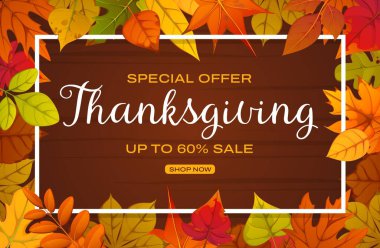 Autumn Thanksgiving sale banner, holiday discount template with orange, red, yellow and green fall leaves decorate a wooden board. Vector ads promotion for the fall season discount and price off event