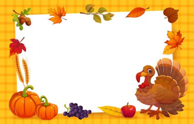 Happy Thanksgiving Day banner with frame of turkey and autumn leaves, vector poster. Thanksgiving Day greeting card template with pumpkin, corn and apple or grapes harvest in maple and oak leaf frame
