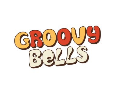 Cartoon groovy bells Christmas text in warm shades of yellow, red and cream with dark outlines, creating a funky 70s holiday vibe. Vector retro vintage typography for festive, music, or holiday themes