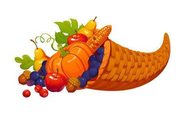 Happy Thanksgiving Day autumn harvest food icon for fall holiday, cartoon vector. Cornucopia horn with autumn harvest of pumpkins, fruits, and vegetables for Thanksgiving holiday greeting