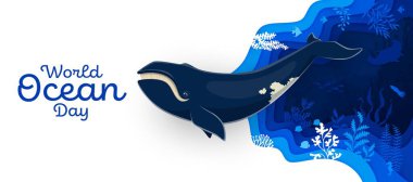 Okyanus gazetesi balina karakterli pankart kesiyor. 3D vektör okyanus yaşamını mercan resifleri, balıkları ve deniz yosunlarıyla sualtı manzarasında deniz hayvanlarının farkındalığını kurtarır. Çevre koruma kampanyası