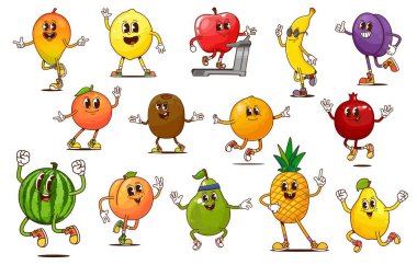 Komik çizgi film, neşeli yüzlü, harika meyve karakterleri. Retro hippi elması, portakal, ananas ve mango besin taşıyıcı kişilikler. Komik psikedelik muz, karpuz ve kivi meyveli karakterler.