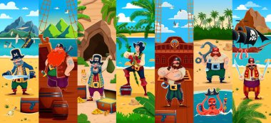 Karayip Korsan Karakterleri Kolajı. Tropik ada ve gemilerdeki karikatür korsajları hazine sandıkları, silahlar, haritalar ve deniz canlılarıyla çevrili. Kancalı ve papağanlı maceraperest gezginler