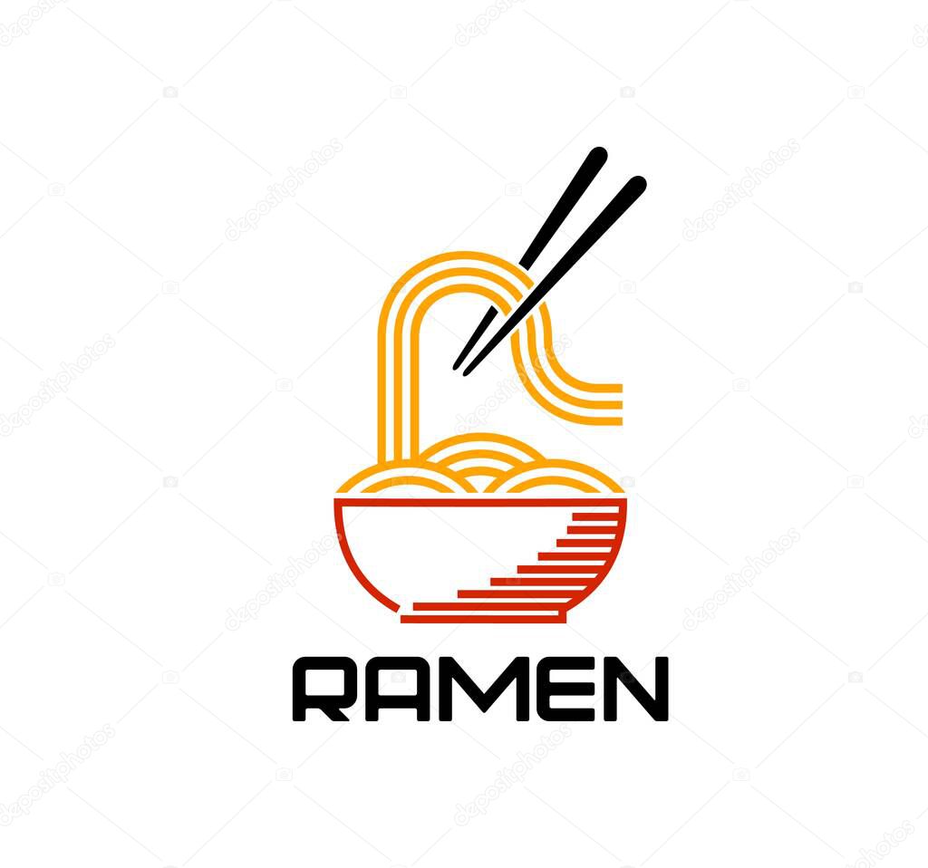 Ramen icon for Japanese noodles restaurant and Asian cuisine food, vector emblem. Ramen bar simple icon of noodles in bowl with chopsticks for Japanese, Korean or Chinese authentic cuisine food menu
