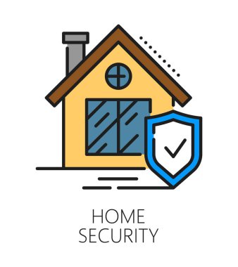 Ev güvenlik şirketi veya servis renk çizgisi simgesi veya etiketi. Bina güvenlik vektör işareti, ev alarm servisi ana hatları simgesi. Kulübe binası ve kalkanı olan ev koruma teknolojisi piktogramı