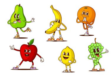 Harika meyve karakterleri. Eğlenceli çizgi film armudu, muz, portakal, elma, limon ve üzüm antika komedyen y2k kişilikleri, her biri eski moda hippi spor ayakkabıları ve neşeli yüz ifadeleri ile çarpıcı eğlenceli pozlar veriyor.