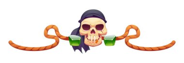 Siyah bir bandana içinde sırıtan bir kafatasına sahip karikatür korsan bölme, kavisli turuncu ipler ve büyük yeşil değerli taşlar, cesur ve maceracı deniz korsan sınır çerçevesi, korsanlık dekorasyonu