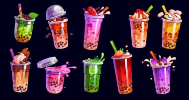 Karikatür sütlü çay bardakları. Beyaz çikolata, lezzetli muz, ahududu ve yoğunlaştırılmış süt gibi lezzetler. Çikolata, şeker, yeşil, krema, üzüm veya tuzlu karamel