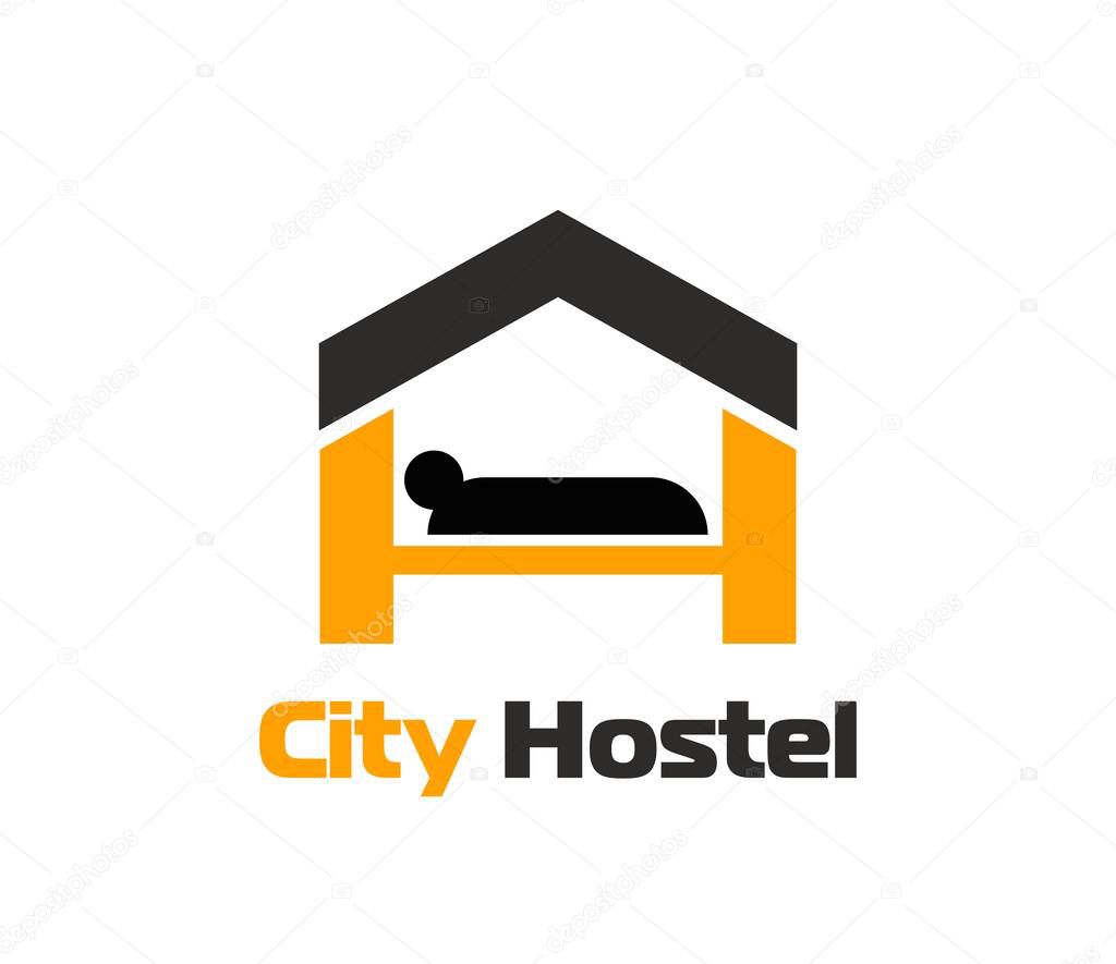 Hostel hotel icon, vector emblem with sleeping person on bed inside of house shape. Minimal label for hospitality, accommodation, tourism or travel service in black and yellow color palette