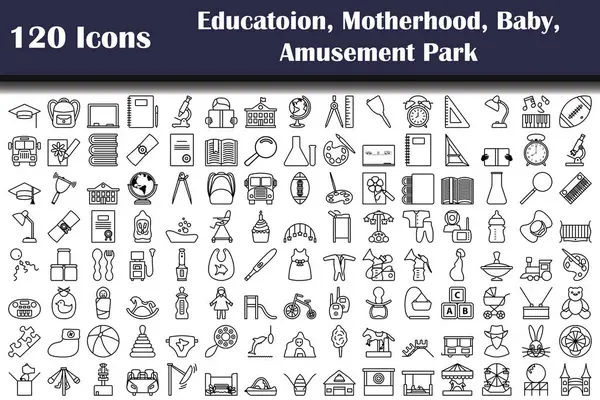 Conjunto 120 Ícones Educação Maternidade Bebê Parque Diversões Temas Desenho — Vetor de Stock