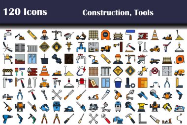 120 ikon seti. İnşaat ve Aletler teması. Renk Doldurma Tasarımı ile Düzenlenebilir Kalın Tasarım. Vektör İllüstrasyonu.
