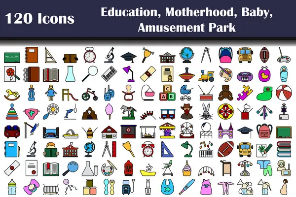 Conjunto 120 Ícones Educação Maternidade Bebê Parque Diversões Temas Esboço — Vetor de Stock