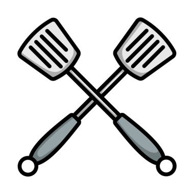 Crossed Frying Spatula. Editable Bold Outline With Color Fill Design. Vector Illustration.