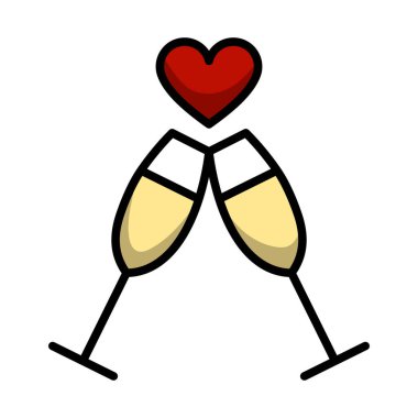 Kalp ikonlu şampanya kadehi. Renk Doldurma Tasarımı ile Düzenlenebilir Kalın Tasarım. Vektör İllüstrasyonu.