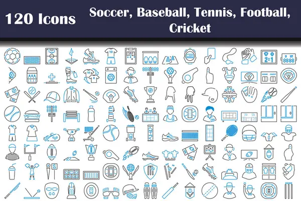 120 Futbol, Beyzbol, Tenis, Futbol, Kriket Simgesi. Renk Doldurma Tasarımı ile Düzenlenebilir Kalın Tasarım. Vektör İllüstrasyonu.