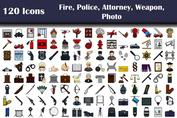 120 Іконок Вогню Поліція Адвокат Зброя Фото Сміливий Контур Дизайном Стоковий вектор