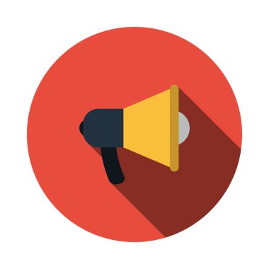 Promosyon Megafon Simgesi. Uzun Gölgeli Düz Çember Şablon Tasarımı. Vektör İllüstrasyonu.