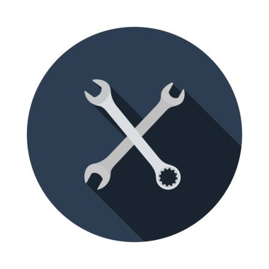 Wrench Simgesini çaprazladım. Uzun Gölgeli Düz Çember Şablon Tasarımı. Vektör İllüstrasyonu.