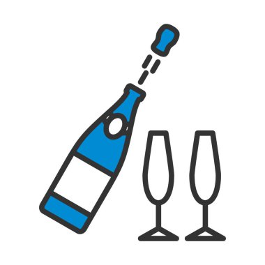 Parti şampanyası ve cam ikon. Renk Doldurma Tasarımı ile Düzenlenebilir Kalın Tasarım. Vektör İllüstrasyonu.