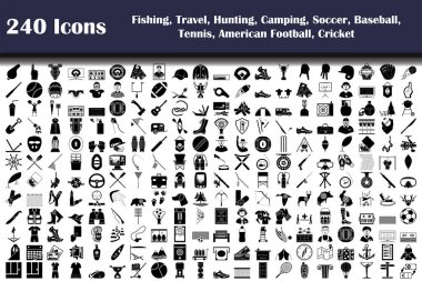 Balıkçılık, Seyahat, Avcılık, Kamp, Futbol, Beyzbol, Tenis, Futbol, Kriket İkonu Seti. Tamamen düzenlenebilir vektör çizimi. Metin genişletildi.
