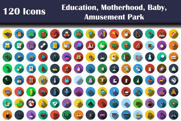 120 Ícones Educação Maternidade Bebê Parque Diversões Projeto Liso Com — Vetor de Stock