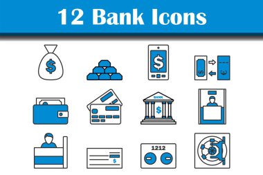 Banka Simgesi Ayarlandı. Renk Doldurma Tasarımı ile Düzenlenebilir Kalın Tasarım. Vektör İllüstrasyonu.