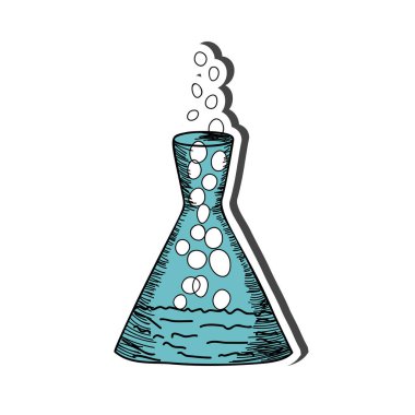 Eğitim temalı kimya şişesi çıkartması. Okula dönelim. Vektör illüstrasyonu.