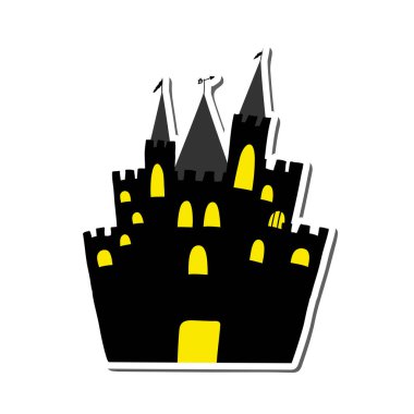 Halloween black castle with yellow windows Sticker with shadow. Vector illustration. clipart