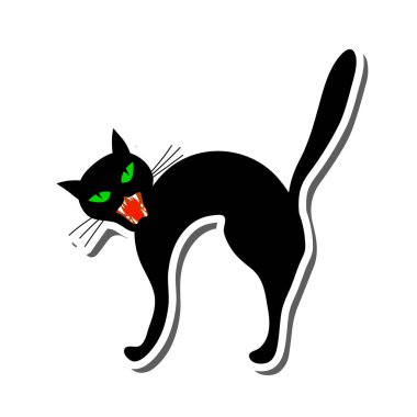 Gölge elementli Cadılar Bayramı çıkartması. Cadılar Bayramı Tasarımları İçin Beyaz Arkaplan Üzerindeki Siyah Kedi. Vektör illüstrasyonu.