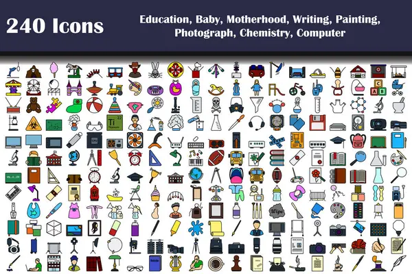 240 Ícones Educação Bebê Maternidade Redação Pintura Fotografia Química Computador — Vetor de Stock
