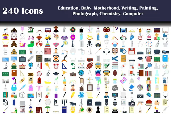 240 Ícones Educação Bebê Maternidade Redação Pintura Fotografia Química Computador — Vetor de Stock