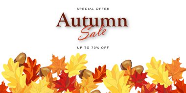 Sonbahar indirimli afiş şablonu akçaağaç yapraklarıyla süslenmiş. Alışveriş için sıcak renk tonu, tanıtım posteri ve web afişi. Vektör illüstrasyonu.