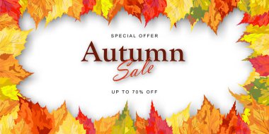 Sonbahar indirimli afiş şablonu akçaağaç yapraklarıyla süslenmiş. Alışveriş için sıcak renk tonu, tanıtım posteri ve web afişi. Vektör illüstrasyonu.