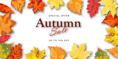 Sonbahar indirimli afiş şablonu akçaağaç yapraklarıyla süslenmiş. Alışveriş için sıcak renk tonu, tanıtım posteri ve web afişi. Vektör illüstrasyonu.