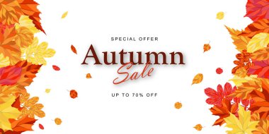 Sonbahar indirimli afiş şablonu akçaağaç yapraklarıyla süslenmiş. Alışveriş için sıcak renk tonu, tanıtım posteri ve web afişi. Vektör illüstrasyonu.