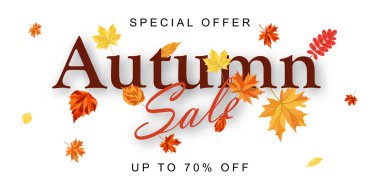 Sonbahar indirimli afiş şablonu akçaağaç yapraklarıyla süslenmiş. Alışveriş için sıcak renk tonu, tanıtım posteri ve web afişi. Vektör illüstrasyonu.