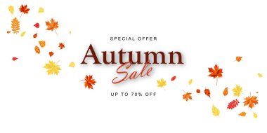 Sonbahar indirimli afiş şablonu akçaağaç yapraklarıyla süslenmiş. Alışveriş için sıcak renk tonu, tanıtım posteri ve web afişi. Vektör illüstrasyonu.