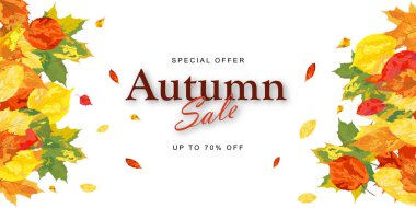 Sonbahar indirimli afiş şablonu akçaağaç yapraklarıyla süslenmiş. Alışveriş için sıcak renk tonu, tanıtım posteri ve web afişi. Vektör illüstrasyonu.