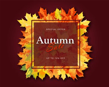 Sonbahar indirimli afiş şablonu akçaağaç yapraklarıyla süslenmiş. Alışveriş için sıcak renk tonu, tanıtım posteri ve web afişi. Vektör illüstrasyonu.