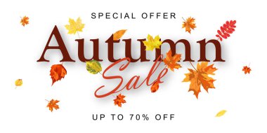 Sonbahar indirimli afiş şablonu akçaağaç yapraklarıyla süslenmiş. Alışveriş için sıcak renk tonu, tanıtım posteri ve web afişi. Vektör illüstrasyonu.