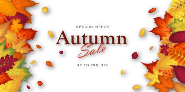 Sonbahar indirimli afiş şablonu akçaağaç yapraklarıyla süslenmiş. Alışveriş için sıcak renk tonu, tanıtım posteri ve web afişi. Vektör illüstrasyonu.